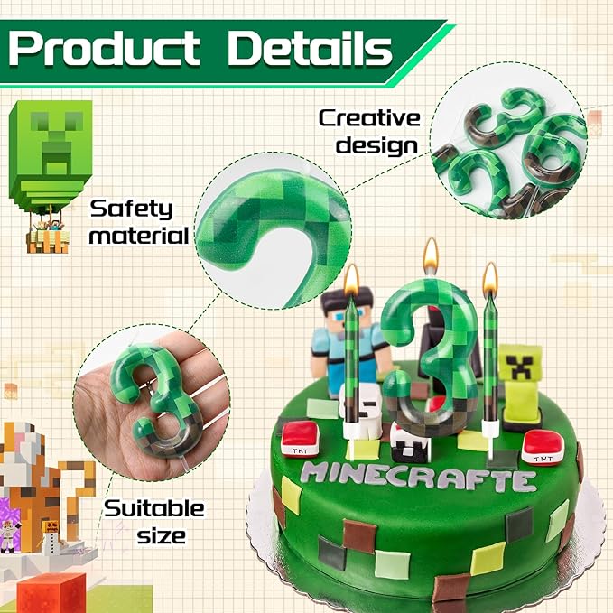 13 Pcs Dynamite Themed Birthday Candles & Number 3 Candle Topper for Pixel Theme Parties
