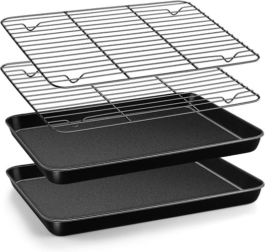 TeamFar Toaster Oven Pan with Rack, 12.5 x 9.7 x 1” Coated Carbon Steel Cookie Baking Pan Tray with Cooling Rack, for Baking/Roasting/Cooling, Healthy & Heavy-Duty, Non-Stick & Easy Clean
