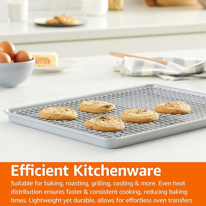 Amazon Basics Ceramic Nonstick Baking Sheet & Cooling Rack Set, Non-Toxic, Half Sheet Size - 1 Pack, Gray