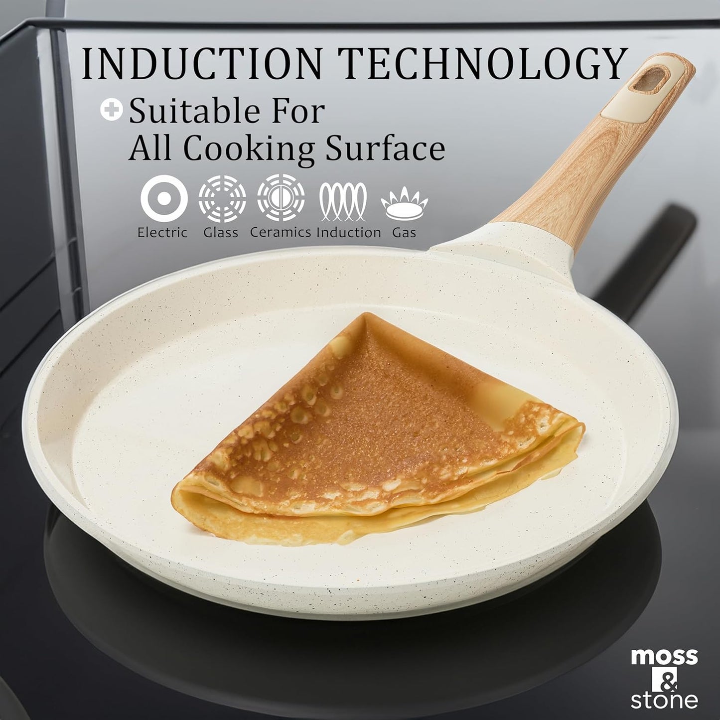 Moss & Stone 9.5 Inch Nonstick Crepe Pan with Spreader, Dosa Pan for Roti Dosa Tawa Comal Para Tortillas, Ceramic Flat Skillet Pan Induction Compatible, Pancake Pan for Stove Top - White