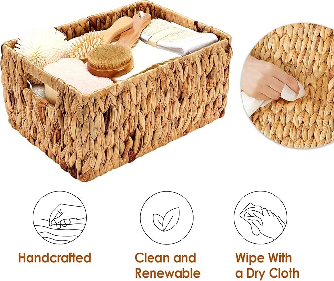 Wicker Baskets 2 Pack, Water Hyacinth Rectangular Storage Basket with Handles, Large for Organizing, Natural