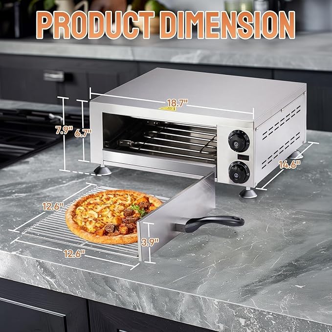 ROVSUN Electric Pizza Oven, 110V 1100W Stainless Steel Pizza Baker with Auto Shut-off, Handle, Removable Crumb Tray, Countertop Pizza Maker for Kitchen Commercial Home-Silver