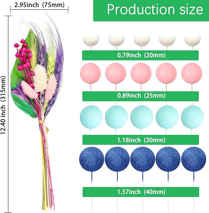 Gyufise 21 Pack Flower Boho Cake Topper Ball Cake Decorations Palm Leaves Plants Cake Decor for Girl Bohemian Princess Theme Wedding Baby Shower Birthday Party Supplies Blue Pink