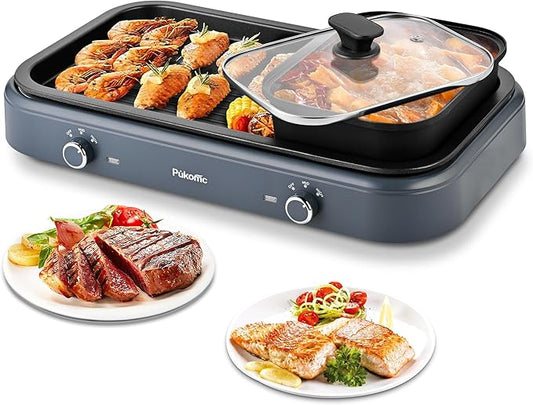 Pukomc Electric Hot Pot with Grill，2 in 1 Korean BBQ Grill Shabu Shabu Hot Po， 1500W / Temperature Control, Quick Heating Detachable Hot Pot and Baking Tray，gray