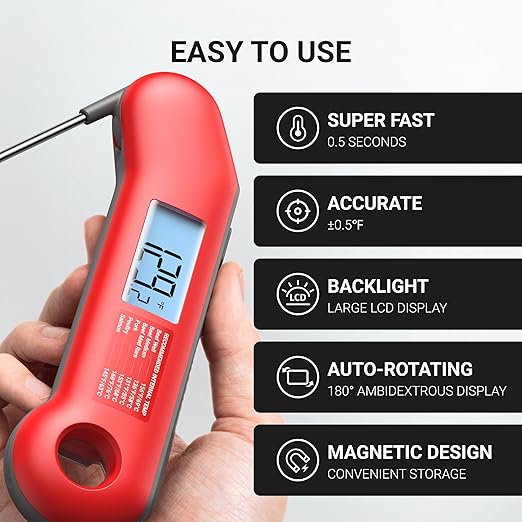 Professional Meat Thermometer Digital, Ultra-Fast 0.5 Sec Instant Read, NIST Certified ±0.5°F Accuracy, 100% Waterproof, Auto-Rotating Backlit Display, Lift-to-Wake, for BBQ/Cooking/Candy