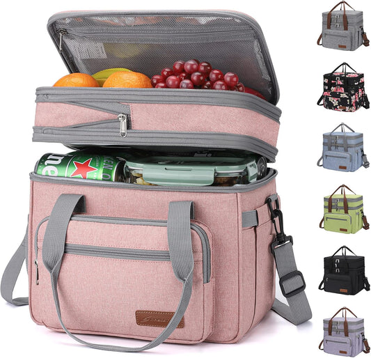 Maelstrom Lunch Bag Women,23L Insulated Lunch Box for Men Women,Expandable Double Deck Lunch Cooler Bag,Lightweight Leakproof Lunch Tote Bag with Side Tissue Pocket,Pink