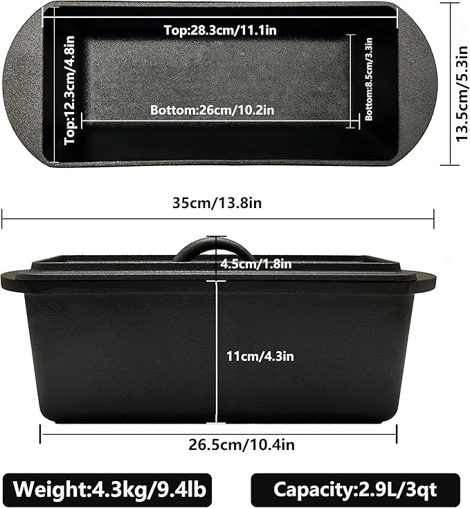 Cast Iron Bread Loaf Pan with Lid - 11x5 Inch Heavy Duty Dutch Oven for Sourdough Baking & Artisan Bread Pre-Seasoned Sandwich, 3 Quart Nonstick Loaf Pan for Home Kitchen Restaurant