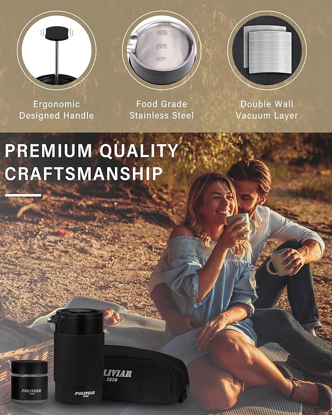 POLIVIAR French Press Coffee Maker, 12 oz Portable French Press with Mini Canister and Collection Bag, Double Wall Insulation & Dual- Filter Screen, Food Grade Stainless Steel for Coffee