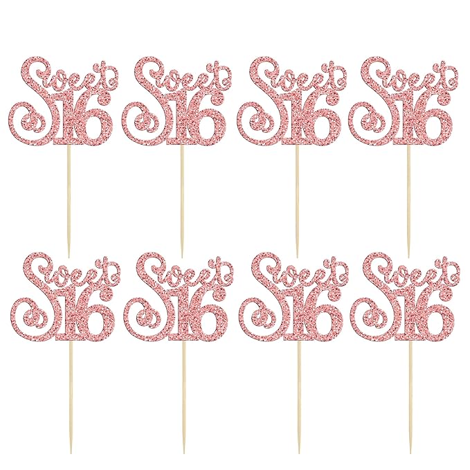 Gyufise 24 Pack 16th Birthday Cupcake Toppers Glitter Sixteen Happy Sweet 16 Cupcake Picks Cheers to 16 Years Old Cupcake Decorations for 16th Birthday Anniversary Party Cake Supplies Rose Gold