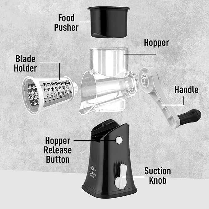 Zulay Kitchen Rotary Cheese Grater 5 Blade Cheese Shredder - Manual Hand Crank Cheese Grater With Reinforced Suction & 5 Interchangeable Drums - Easy to Use, Vegetable Chopper Round Mandoline Slicer
