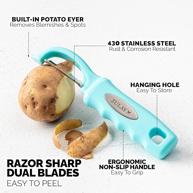 Zulay Kitchen Premium Vegetable Peeler for Kitchen - Swivel Peeler with Razor Sharp Stainless Steel Blades & Strong Ergonomic Handle - Dishwasher Safe, Easy To Use with Blemish Remover - Light Blue