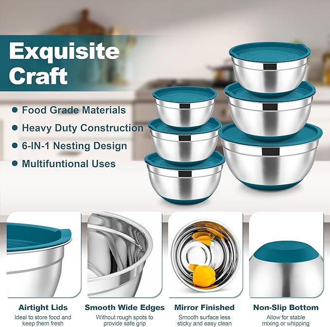 TeamFar Mixing Bowls, Stainless Steel Nesting Salad Bowl with Lids & 3 Graters, For Kitchen Cooking Serving Prepping, Airtight & Non-Slip, Size 4.6/3.5/2/1.5/1/0.7 QT, Set of 5 & Blue