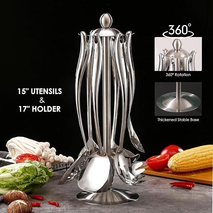 18/10 Stainless Steel Cooking Utensils Set with Holder, 7-Pieces All Metal Kitchen Utensils, 15’’ Long Kitchen Tools with Countertop Rotating Stand, Spatula, Ladle, Skimmer, Tunner, Pasta, Large Spoon