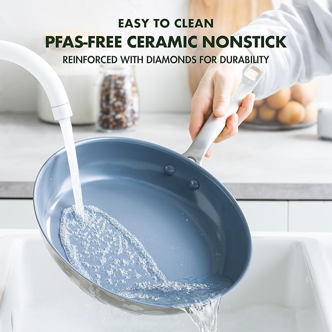 GreenPan Treviso 9.5” and 11” Frying Pan skillet Set, Non-Toxic PFAS-Free Stainless Steel Ceramic Nonstick Coating, Induction Suitable, Multi Clad, Pouring Rims, Dishwasher & Oven Safe to 600°