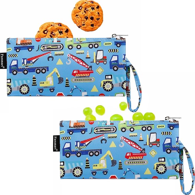 Reusable Sandwich Bag/Snack Bag for Kids & Adults, Dual Layer Lunch Bag with Handle, Washable, Food Safe, BPA Free (2-Pack, Car)