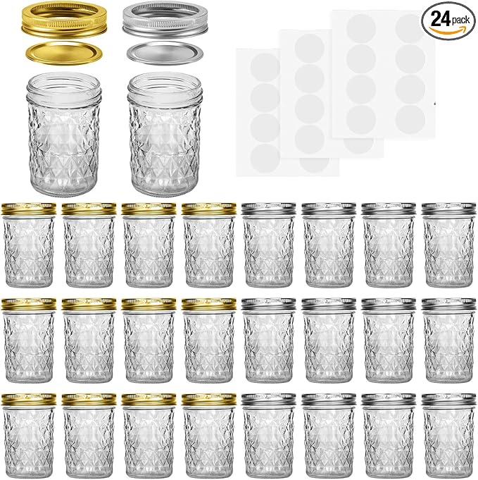 Mason Jars 8 oz, 24 Pack Canning Jars 8 oz Half Pint Glass jars with Regular Lids and Bands, Small Mason Jars with Lids Ideal for Jelly Jam Honey Wedding Favors Shower Favors Food
