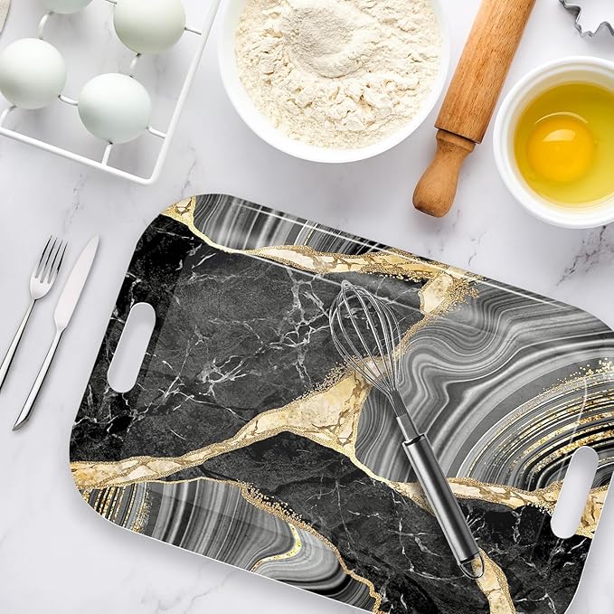 Serving Trays with Handles, 14.5 x 9.8 inch Rectangular Plastic Tray for Restaurant, Kitchen, Abstract Background Black Marble