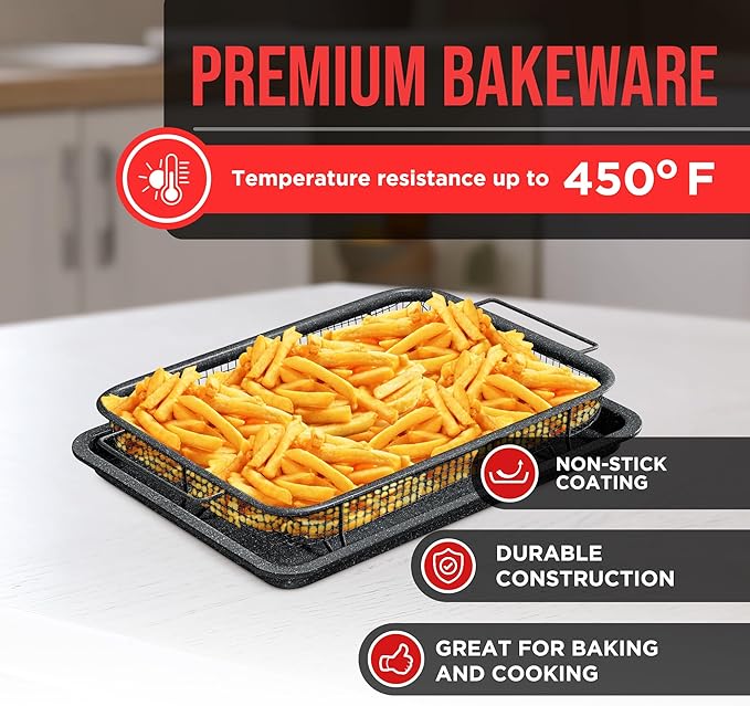 Bakken Swiss Crisper Tray - 2-Piece Set – Gray Marble, Non-Stick Basket Design for Healthier Cooking in Regular Ovens - Achieve Perfectly Crispy Chips, Bacon and More