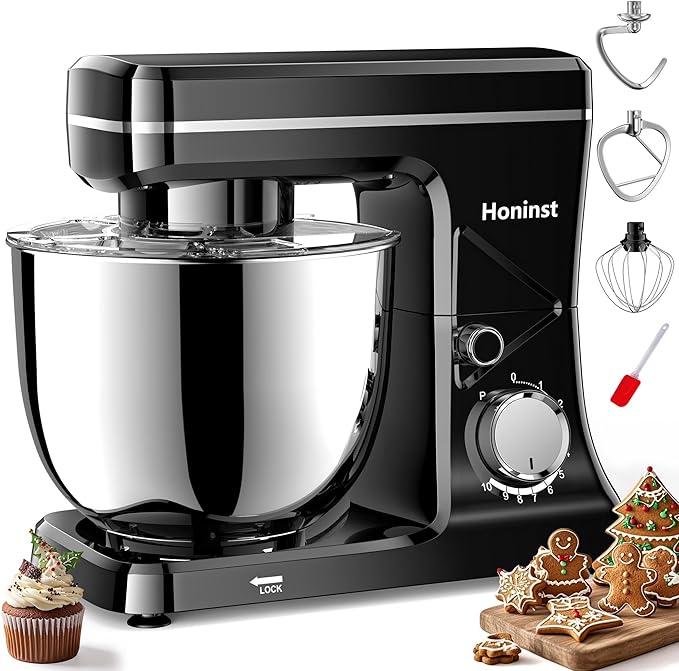10-Speed Stand Mixer with 8-in-1 Splash Guard, Tilt-Head, 6QT Stainless Steel Bowl + Dishwasher-Safe Dough Hook/Whisk/Beater/Spatula for Baking Bread, Cakes, Cookies, Black