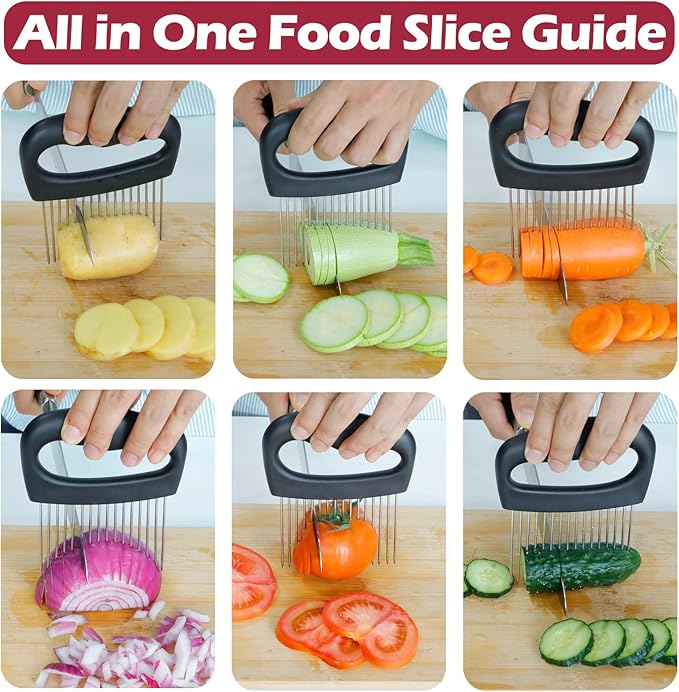 JAYVAR Extra-Large Onion Holder for Slicing, Onion Cutter Vegetable Chopper, Extra-Large Tomato Slicer with 16 Long Needles, Stainless Steel Tomato Potato Slicer, Meat Tenderizer, Food Slicing Guide