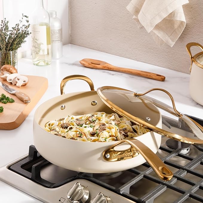 bloomhouse - Oprah's Favorite Things - 6 QT Heavy Duty Aluminum Premium PFA Free Ceramic Nonstick Saute/Deep Frying Pan Skillet with Lid - Almond Cream w/Gold Handle