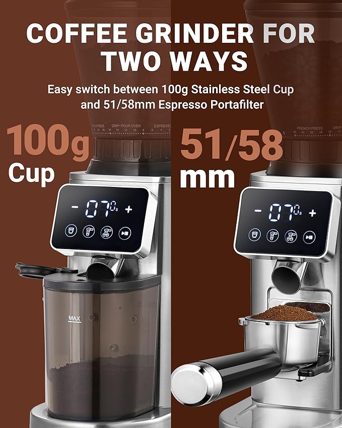 AMZCHEF Coffee Grinder, Burr Coffee Bean Grinder for Home Use with 48 Precise Grind Settings, Detachable Funnel Stand for Espresso, LED Control Panel, Anti-static Design, silver