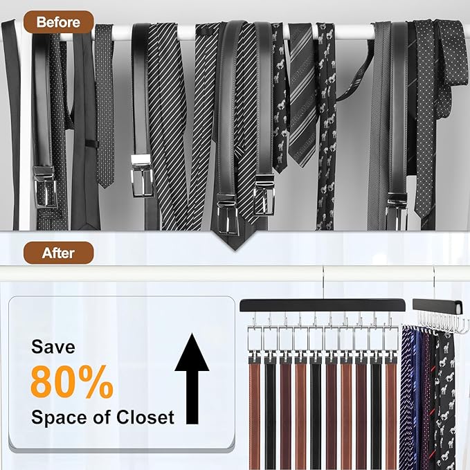 TOPIA HANGER 2 Pack 2 in 1 Belt Tie Hanger for Closet Max 60 Belts with 60 Ties Capacity, 40 Hooks Belt Tie Racks Wooden Hanger for Closet Organizer Storage “U” Fit Belt and “一” Fit Tie - CT52B