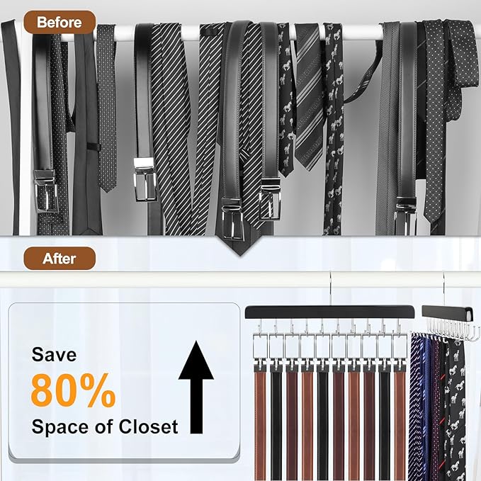 TOPIA HANGER 20 Hooks 2 in 1 Belt Tie Hanger for Closet Max 30 Belts with 30 Ties Capacity, Belt Tie Racks Wooden Hanger for Closet Organizer Storage “U” Fit for Belt and “一” Fit for Tie - CT47B