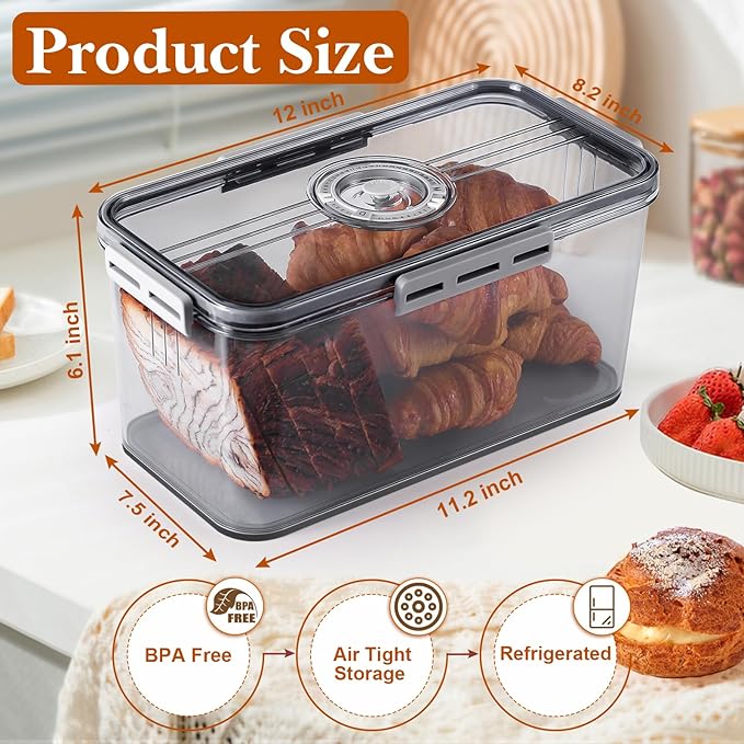 Bread Box for Homemade Bread Boxes for Kitchen Counter Airtight, Time Recording Bread Storage Container with Lid, Bread Containers Storage Airtight Loaf Bread Keeper, Large, Dark Grey