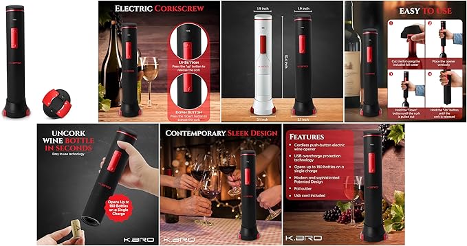 Rechargeable Electric Wine Opener | Electric Corkscrew Wine Bottle Opener With Foil Cutter | Gift for Wine Lovers (Black)