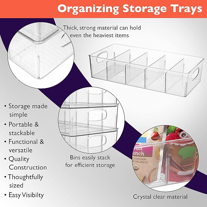 ClearSpace Plastic Pantry Organization and Storage Bins with Removable Dividers – 2 Pack XL Perfect Kitchen Organization or Kitchen Storage – Refrigerator Organizer Bins, Cabinet Organizers