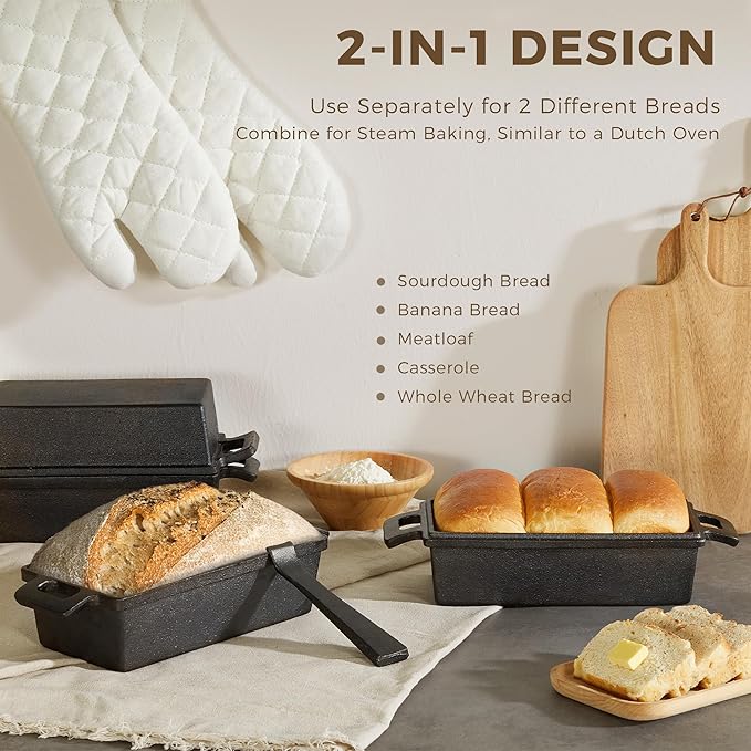 HONGBAKE 2 in 1 Cast Iron Bread Pan with Lid, Lid Lever, Long Oven Mitts, 9x5 Loaf Pans for Homemade Bread, Sourdough Baking Pan, Pre-Seasoned Nonstick Rectangular Dutch Oven, Banana Bread Tins