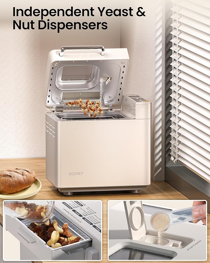 25-in-1 Bread Maker Machine with Automatic Dual Dispenser, 2LB Stainless Steel Breadmaker with Gluten-Free, Dough, Jam, Yogurt etc Settings, Beige