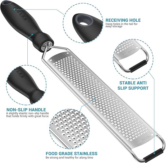 Premium Lemon Zester Grater with Handle, Ultra Sharp Stainless Steel Blade for Cheese, Citrus, Ginger, Garlic & Chocolate, Non-Slip Grip, Safety Cover & Cleaning Brush