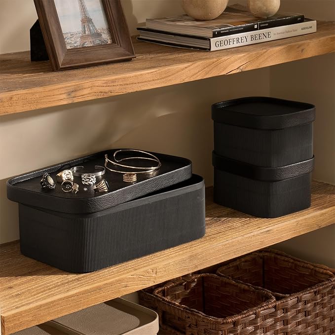 LA JOLIE MUSE Fluted Cardboard Storage Baskets with Leather-Like Lids, Paper Boxes Decorative Tray, Modern Basket Organizer Bins for Jewelry Shelve Bathroom Bedroom Organizing,Black, Set of 3