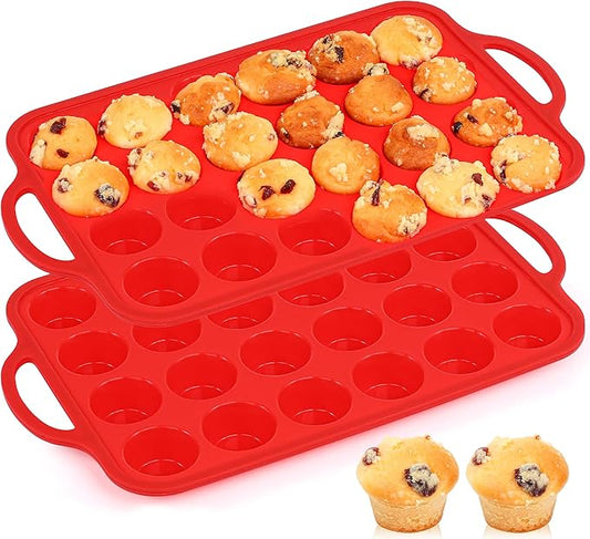 Silicone Mini Muffin Pan With Stainless Steel Reinforced Frame 24 Cups Nonstick Cupcake Molds for Baking Silicone Muffin Tray with Handles(2 Pcs, Red)