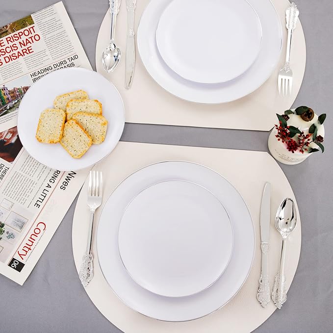 KIRE 100PCS Silver Plastic Plates - Heavy Duty White Disposable Plates with Silver Rim for Party/Wedding - Include 50Pcs 10.25inch Dinner Plates and 50Pcs 7.5inch Dessert Plates