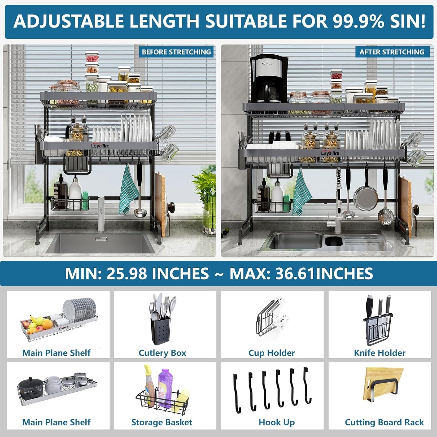 Over Sink Dish Drying Rack, 3 Tier Adjustable Length (20.87'' to 37.6'') Stainless Steel Large Storage Kitchen Dish Rack, Expandable Drainer Shelf Rack with Multifunctional Organizers