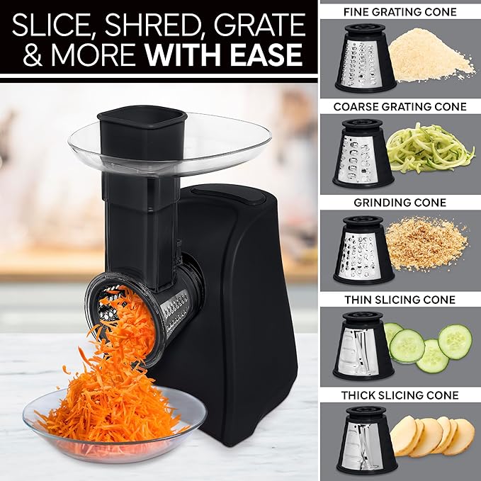 COOK WITH COLOR 5-in-1 Electric Slicer, 150W Food Prep Machine – Cheese Shredder, Fine & Coarse Graters, Potato Grater, Vegetable Slicer, Fruit, Salad Shooter, Compact Design for Bowl Prep, Black