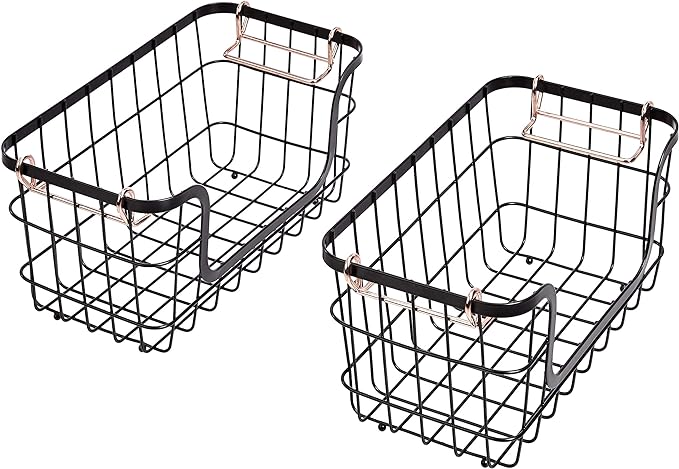Amazon Basics Stackable Metal Wire Rectangular Storage Basket Set For Kitchen or Bathroom, 2 Count, Black