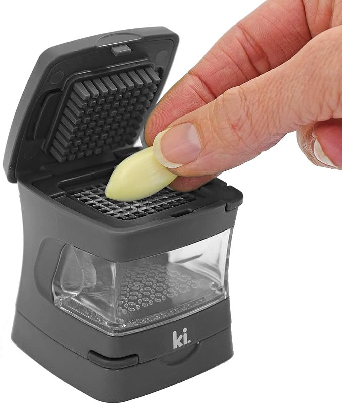 Garlic-A-Peel Garlic Press, Crusher, Cutter, Mincer, and Storage Container - Includes Silicone Garlic Peeler - Easy to Clean - Stainless Steel Blades – (Grey), standard