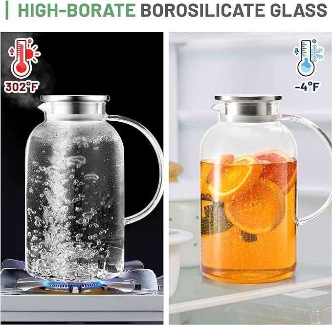 SUSTEAS 2.2 Liter 75oz Glass Pitcher with Lid, Easy Clean Heat Resistant Glass Water Carafe with Handle for Hot/Cold Beverages - Water, Cold Brew, Iced Tea & Juice, 1 Long-Handled Brush Included