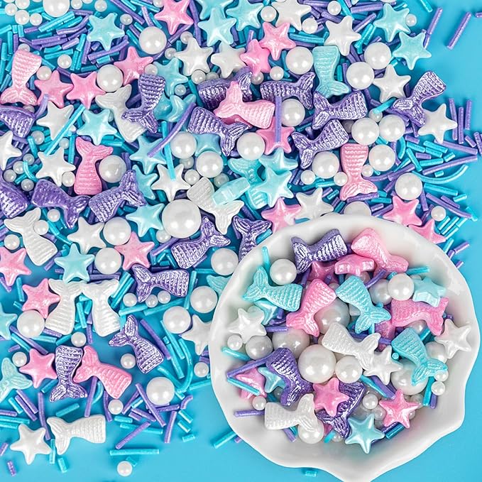 Mermaid Sprinkles,Edible Sugar Pearl Stars Jimmies Mix,130g/4.58oz,Pearl Candy Ocean Sprinkle for Cake Decorating,Summer Baking Fun Decorations,Perfect for Ice Cream,Cookies,Dessert,Donuts,Cupcake Topper,Birthday Children Party Supplies