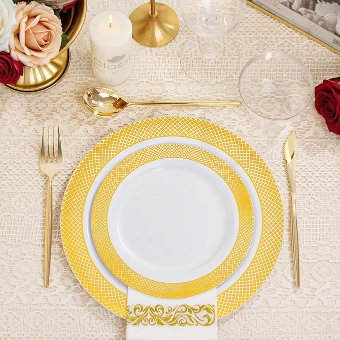 I00000 102 Pcs Gold Plastic Plates, Disposable Party Plates Include 51 Gold Dinner Plate 10.25’’ and 51 Disposable Dessert Plate 7.5’’ Perfect for Party & Wedding