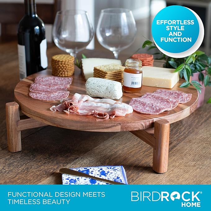BIRDROCK HOME Elevated Lazy Susan | Rotating Acacia Wood Platter with Raised Legs | Ideal for Serving, Organizing, and Decor | Smooth 360° Rotation (Natural, Medium)