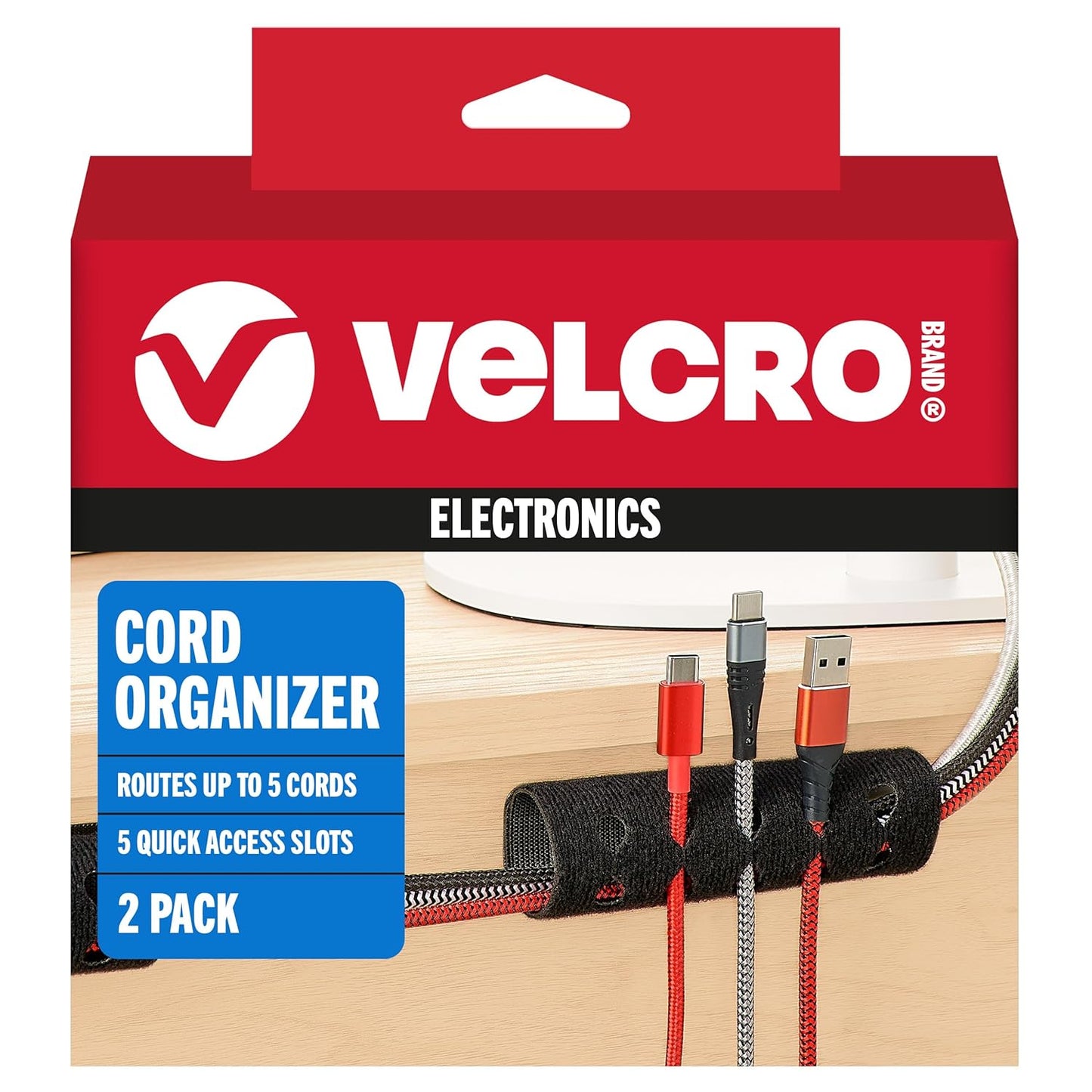 VELCRO Brand Cord Organizer for Desk & Nightstand, 5 Cable Slots with Sleeve Routing, Adhesive Wire Holder for Cord Management, Home, Workshop, Gaming & Office Essentials, Black 2 Pack