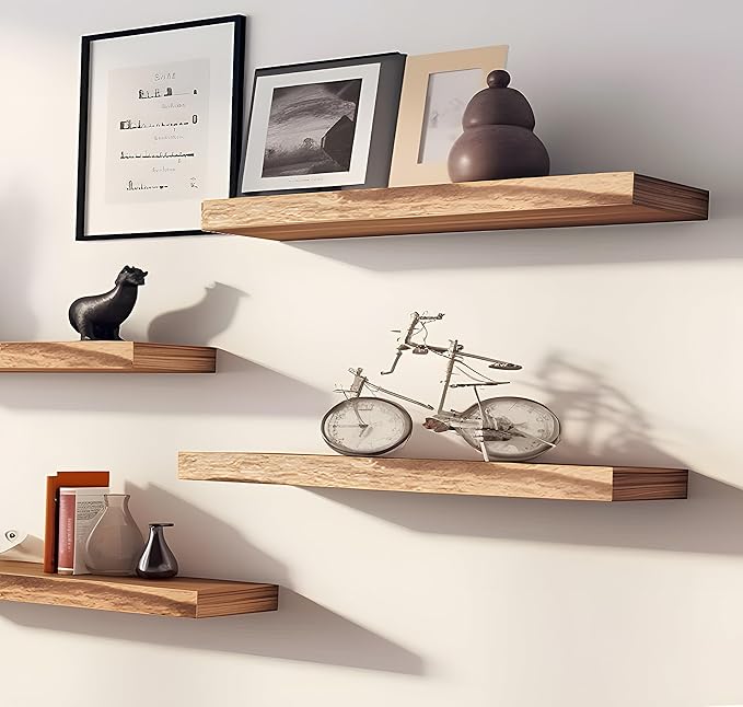 Wood Floating Shelves for Wall, Wooden Wall Shelves for Bedroom, Wall Mounted Shelves for Living Room, Set of 4 Light Brown 16 Inch