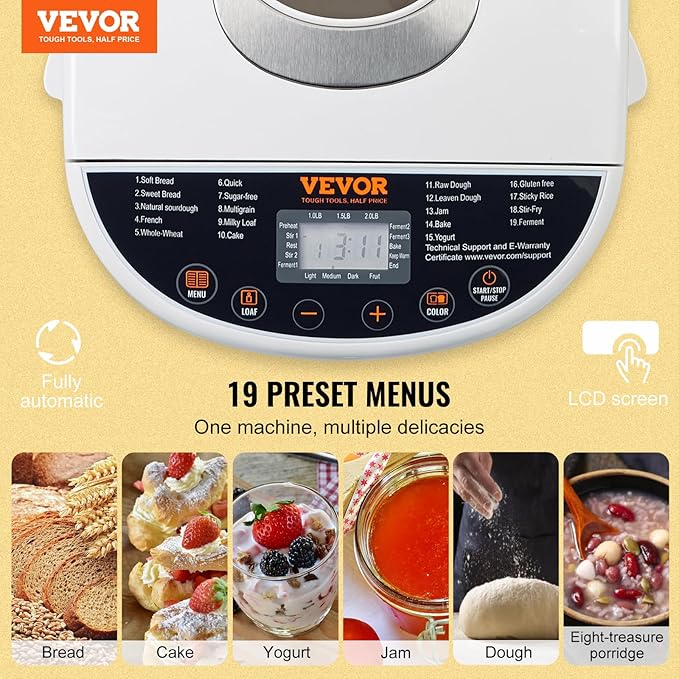 VEVOR Bread Maker, 19-in-1 2LB Dough Machine, Nonstick Ceramic Pan Automatic Breadmaker with Gluten Free Setting, Whole Wheat Bread Making, Digital, Programmable, 3 Loaf Sizes, 3 Crust Colors, White