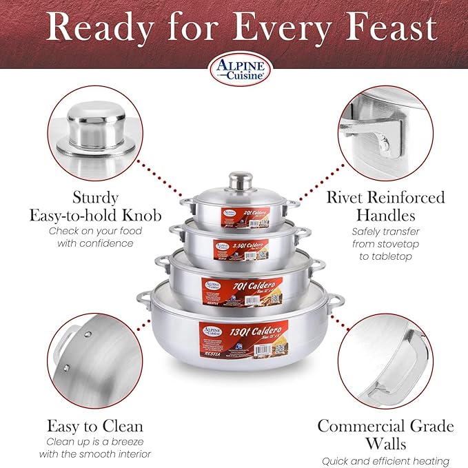 Alpine Cuisine 8-Piece Nonstick Aluminum Caldero Set for Stews, Soups & Rice | 2, 3.5, 7, 13 Qt, Silver