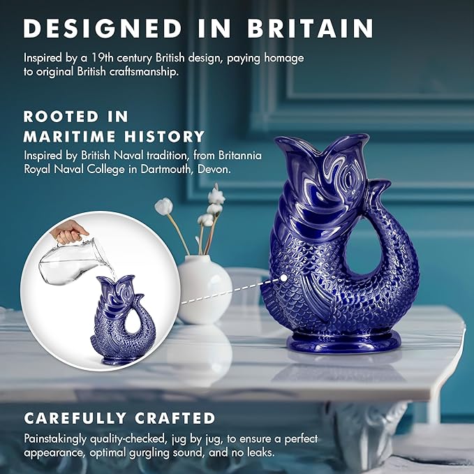 Gurgle Glug Jug The Bubble Jug® Sage Green 50 fl oz 1.5L Litre Extra Large Pitcher - Fish Shaped Jug - Decorative Ceramic Glugging Cocktail, Water and Gin Vase and Gurgling Carafe Pot